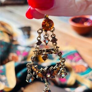 VTG Boho Amber Rhinestone Chandelier Statement Earrings 3” AB Crystal #sheesh